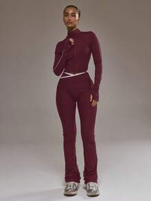 Musera Sport 拉链条纹细节短款 BBL 夹克（仅限板式网球冬季运动服，适合运动健身锻炼） - 酒紅色 - 查看 5