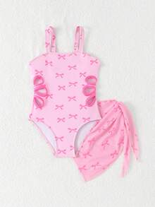 女童蝴蝶印花连体泳衣配同款半裙，两件套休闲时尚套装 - 彩色 - 查看 7