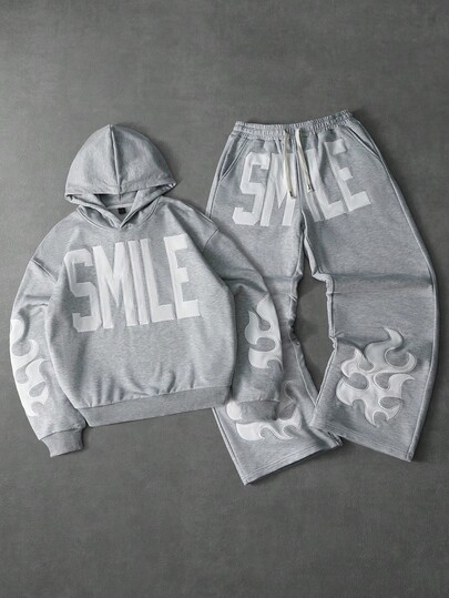  PAVTROS Manfinity Streetrush 2pcs Set - Men's Embroidered Graphic Hoodie And Drawstring Waist Sweatpants, Grey, Gothic Streetwear Hoodie, Knit Pullover Hoodie And Knit Jogger Pants, Hiphop Outfit, Rapper Hoodie, Boyfriend Gift,Streetwear,I Love My Boyfriend,Graphic,Oversized,Boy Friend Gifts,Valentine's Day Gift,Embroidery