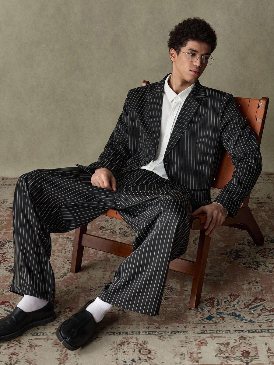 SWAVVY 男士休闲/商务翻领条纹西装外套和裤子套装 男士套装 男士宽松西装 男士细条纹西装 男士两件套 条纹细条纹裤子 男士套装 - 黑色 - 查看 1