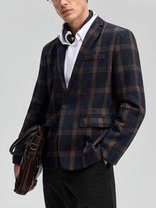 Officeau 1pc New Casual Men's Black And White Plaid Blazer, Suitable For Spring And Autumn Everyday Wear - Navy Blue - View 7