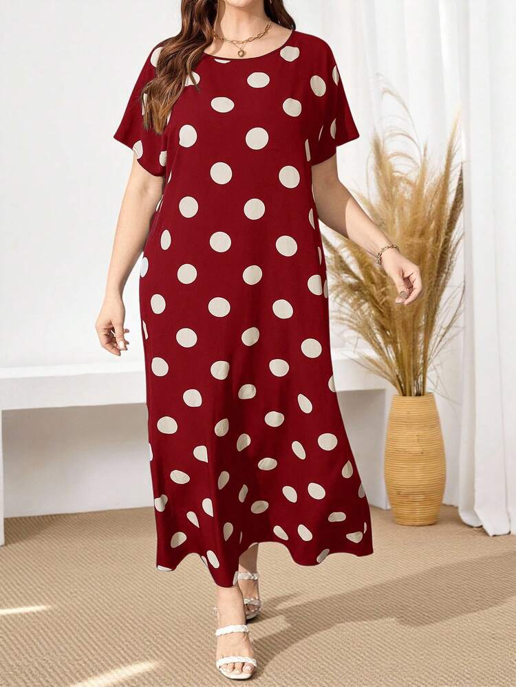 Plus Size Women'S Black And White Polka Dot Long Dress For Spring/Summer/Vacation