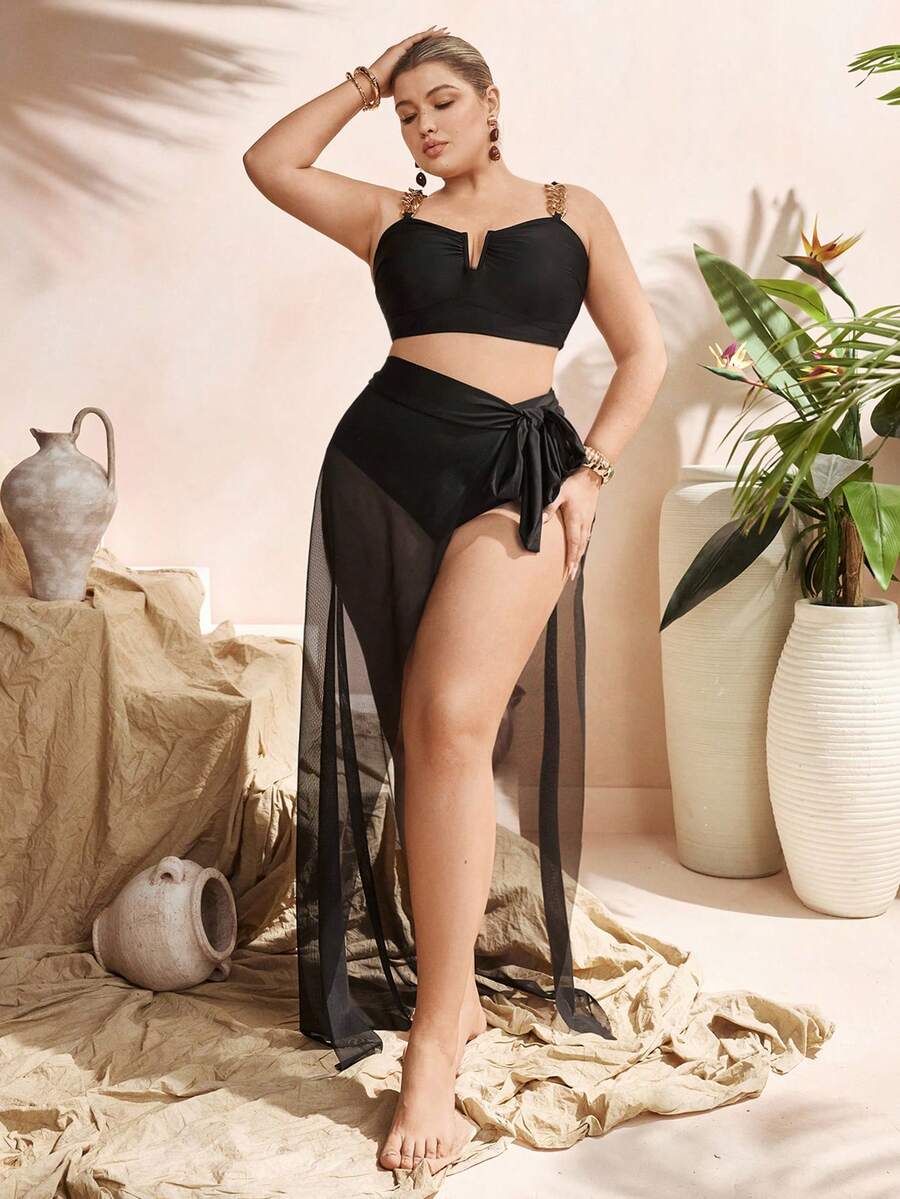 Swim Oasis 2026 New Black Sexy Swimsuit, Thick Gold Chain Strap Bikini + Sheer Maxi Skirt Beach Resort Set - Black - View 1