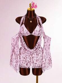 Amplova Women's Printed 2 Pieces Set, Plunging Neckline Sexy Long Sleeve Flare Sleeve Dress With Built-In Triangle Bra, Suitable For Vacation - Multicolor - View 2