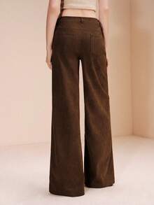 Revavyn Revavyn Women's Corduroy Coffee Brown Straight Leg Extra Long Pants Plain Woven Fabric With Zipper Closure - Coffee Brown - View 3