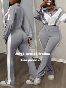 Slaydiva 2025新款初秋休闲简约日常约会运动风瑜伽套装 小立领前中拉链落肩白色拼接浅紫色下摆抽绳长袖上衣+紫色喇叭裤侧边白色拼接瑜伽裤针织套装 女款两件套-B - 淺灰色 - 查看 3