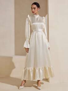 Graceveil Đầm dự tiệc thanh lịch, tay phồng, đính sequin, thắt eo, phối nhiều mảnh, bóng bẩy, kiểu dáng rộng rãi. - Màu be - Xem 5