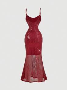 SHEIN MOD 女士时尚派对亮片吊带连衣裙 - 酒紅色 - 查看 2