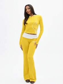 BABYPHAT Quần legging ống loe phối màu tương phản, cạp cao, viền ren, kiểu quần chuông. - Vàng nhạt - Xem 4