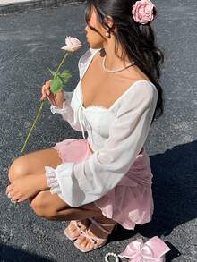 MainGRL 白色透明长袖蝴蝶结装饰衬衫。2026春夏新款。适合外出和派对穿着。挤奶女工度假风上衣。 - 白色 - 查看 6