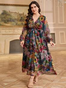 Reflora 大码女式印花重叠V领灯笼袖优雅连衣裙 - 彩色 - 查看 7