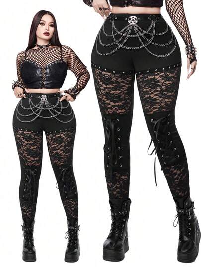 Whyspr Plusstorlek Höst/Vinter Spets Patchwork Grommet Band Knytsel Punk Leggings