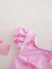 SHEIN Newborn Striped & Bow Print Ruffle One-Piece Swimsuit
