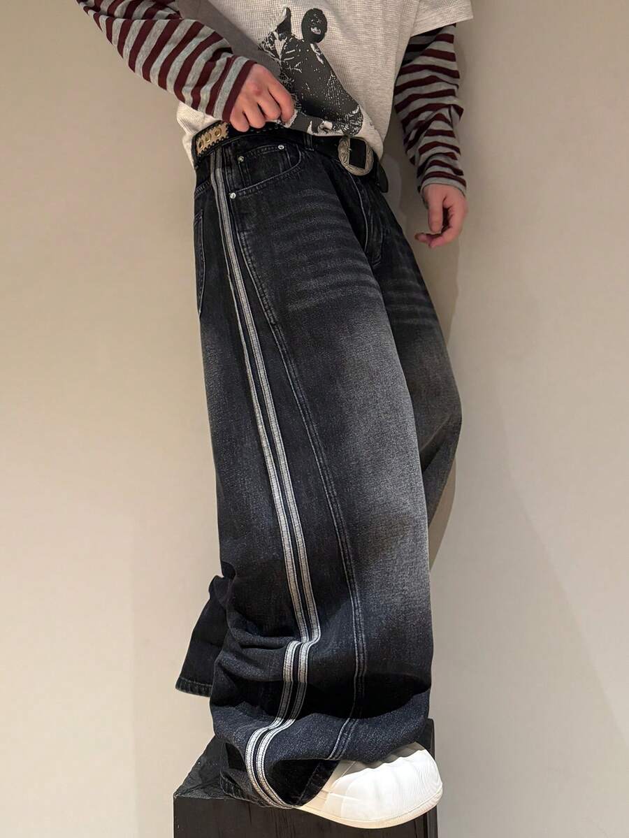 STEELVANCE Quần jeans nam dáng rộng ống suông, họa tiết sọc râu mèo cổ điển, phong cách đường phố. - màu đen - Xem 1