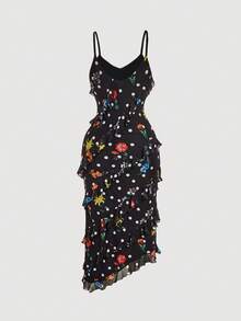 SHEIN MOD Đầm hai dây màu đen chấm bi và họa tiết hoa, vạt xếp tầng, vạt lệch vai, thích hợp cho Ngày Valentine, trang phục Valentine cho nữ, lễ hội Carnival, đầm cocktail, đầm dạ hội, đầm dự tiệc, đầm sinh nhật. - màu đen - Xem 3