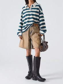 SHEIN EZwear Áo thun tay dài cổ bẻ cài nút kẻ sọc cỡ lớn dành cho nữ - Nhiều màu - Xem 3