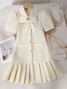 Tween Girl Casual Elegant Bow Decor Short Sleeve Pleated Hem Dress, Suitable For Spring/Summer - Apricot - View 5