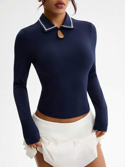 Dewbera Navy Blue Casual Versatile Soft Comfortable Contrast Color Button Slim Fit Long Sleeve Polo Shirt