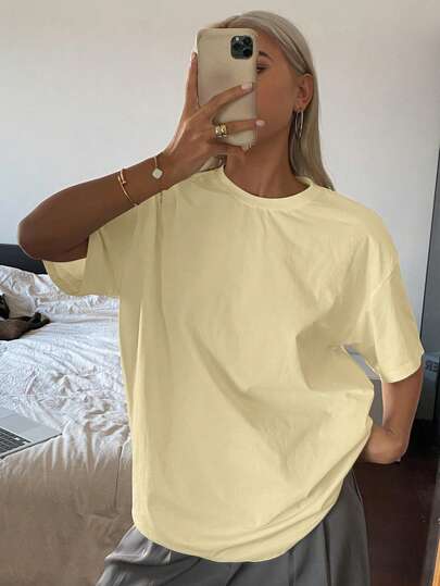 Livesso Solid Color Round Neck Loose Long Short Sleeve T-Shirt For Women