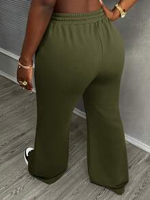 Slaydiva Pantalones de chándal casuales de mujer con cintura con cordón y costura frontal de unicolor - Verde militar - Ver 3