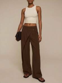ATUI Studio Quần nữ ống đứng dáng rộng, màu trơn, có thắt lưng, kiểu dáng thường ngày. - màu nâu - Xem 2