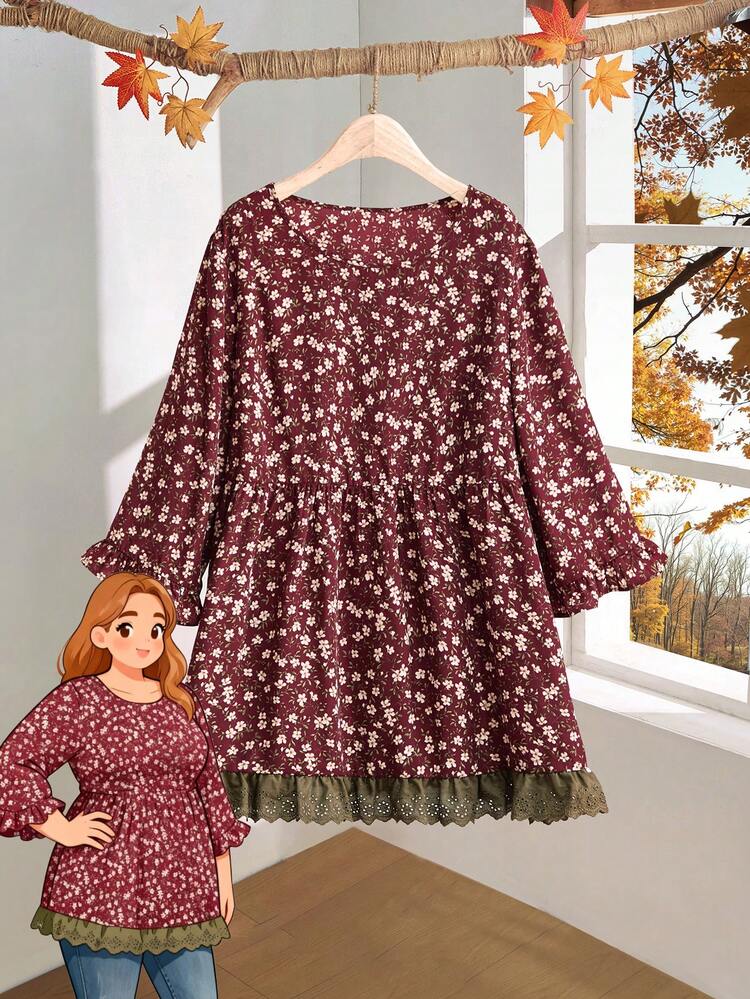 Plus Size Women's Fall/Early Spring Casual Fashion Vacation Vintage Casual Vacation Country Round Neck Wine Red Ditsy Floral Print Patchwork Embroidered Ruffle Hem Blouse Top, Autumn/Winter, Plus Size Winter ,Suitable For Early Spring, Babydoll Top, Christmas, Going Outs,2026 New ,Simple And Fashionable For Everyday Wear Vacations Women ,Holidays For Women, Spring Women, Valentine's Day ,Valentines For Women
