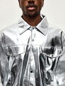 ROMWE MEN Street Life Herrjacka med enkelknäppt krage, trendig och mångsidig pendlarjacka med lång ärm - Silver - Visa 2