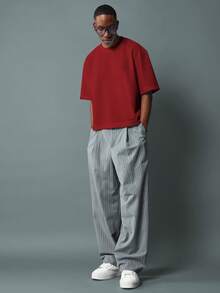 SUMWON Relaxed Crop Short Sleeve Crewneck Jersey Casual Summer Everyday Comfortable Oversized Drop Shoulder Basic Essential Plain - Red - View 3