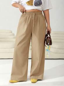 Solflare Plus Size Women's Khaki Drawstring Waist Pants,Solid Color Smart Casual Trousers For Autumn,Vacation,Party,Wedding,Chic Elegant Commute - Apricot - View 6