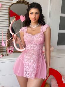 SHEIN Bộ 2 món đồ lót gợi cảm phối ren và lưới (không gọng, kiểu G-string) dành cho nữ, thích hợp cho ngày Valentine. - Hồng - Xem 4