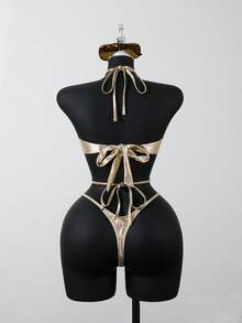 Bonvoyette 1件装纹理金色箔珠不对称装饰性感连体泳衣，女士，春夏款 - 彩色 - 查看 8