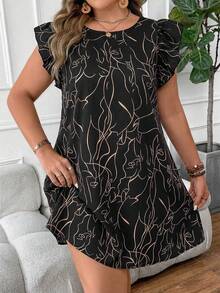 SHEIN VCAY 大码休闲碎花短袖连衣裙 - 黑色 - 查看 4