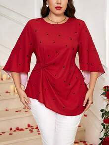 SHEIN Clasi 大码女士浪漫不规则袖心形印花优雅衬衫，适合春夏季节、情人节、生日、春假等场合穿着。 - 彩色 - 查看 3