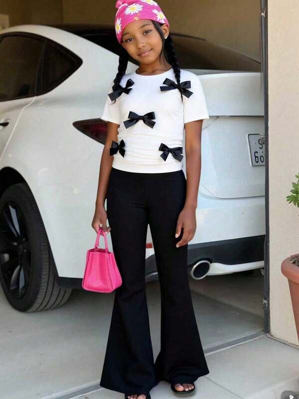 SHEIN Sparklyn Girls Elegant All-Match Versatile 3D Bow Pleated Short Sleeve Round Neck Cropped Knit T-Shirt + Fitted Flare Pants Knit 2 Pieces Set