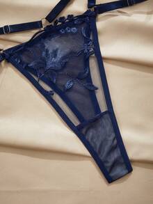 Charlaine Navy Blue Embroidered Floral Underwire Bra & Sheer Low-Waist Thong Lingerie Set