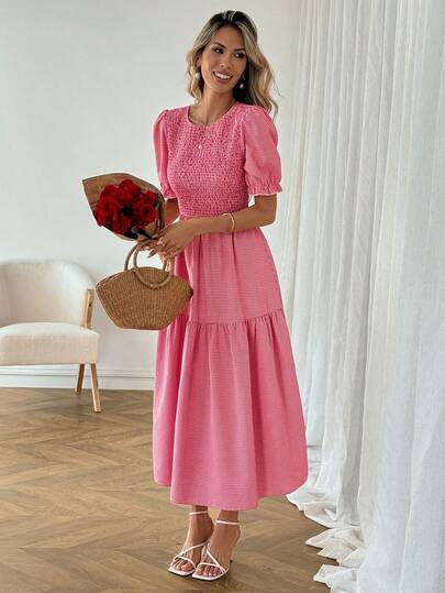 SHEIN LUNE Casual Women's Plaid Mid-Length Dress, Suitable For Valentine's Day Summer Dresses For Women  Summer Outfits Spring Dress Women Valentines Day Dress Valentine Outfits For Women Vacation Outfits Women Vacation Dress Red Dresses Casual Dresses For Women Summer Outfits