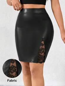 SHEIN Lady 女士时尚PU皮革蕾丝拼接紧身迷你裙 - 黑色 - 查看 2