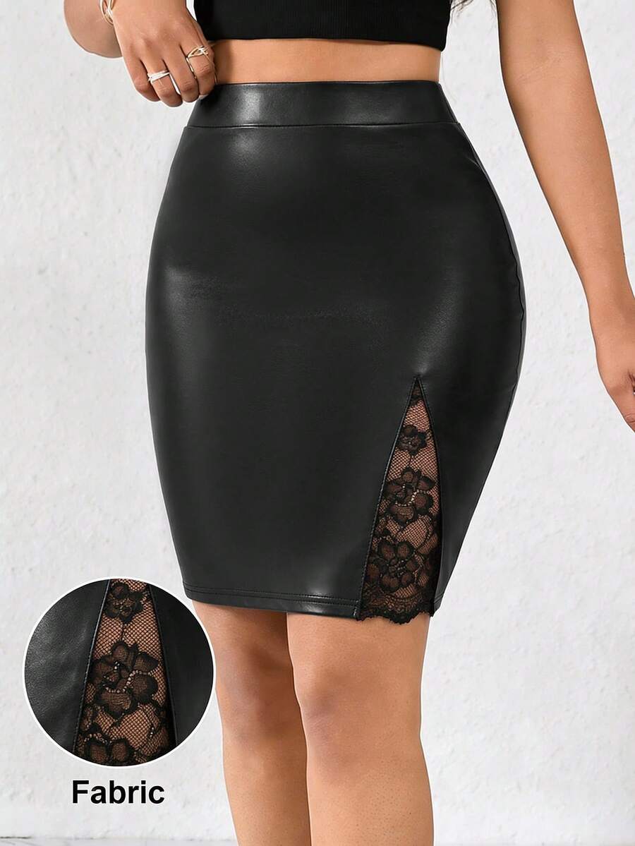 SHEIN Lady 女士时尚PU皮革蕾丝拼接紧身迷你裙