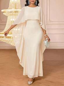 SHEIN Lady Vestido elegante de mujer con diseño de capa de cuello redondo y bajo de sirena de unicolor - Albaricoque - Ver 8