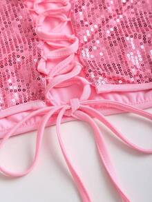 SHEIN Sweetro 2pcs/Set Women's Sequin Camisole With Tie Back And Short Cake Skirt, Spring/Summer - Pink - View 7