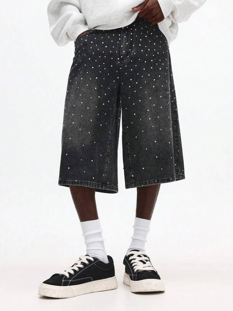 Wide Leg Denim Jorts With Polka Dots