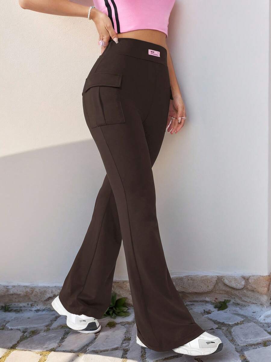 SHEIN EZwear 针织休闲喇叭裤 - 巧克力棕 - 查看 1