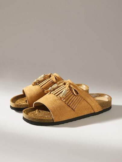 Solecia Women's Birkenstocks Style Breathable Sandals, Outdoor Casual Vacation Fringe Flat Slippers