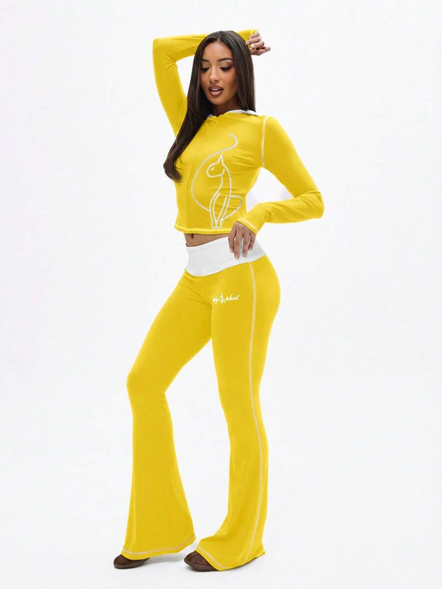 BABYPHAT Quần legging ống loe phối màu tương phản, cạp cao, viền ren, kiểu quần chuông. - Vàng nhạt - Xem 1