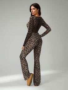 SHEIN Tall Women's Autumn Leopard Print Square Neck Long Sleeve Flared Fashion Jumpsuit - Brown - View 2