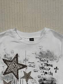 Attitoon 女士复古星形做旧印花修身短袖T恤 - 复古Y2K朋克哥特街头风，适合春夏、返校、嘻哈、夜店等场合 - 白色 - 查看 6