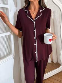 SHEIN Maternity Contrast Trim Collar Cardigan Short Sleeve & Pants Loungewear Set - Burgundy - View 6