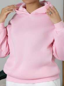 Melissa Matos Conjunto de verano para mujer, sudadera con capucha de color rosa sólido, de manga larga, sin cordón, de estilo casual y sencillo, oversize - Rosa - Ver 6