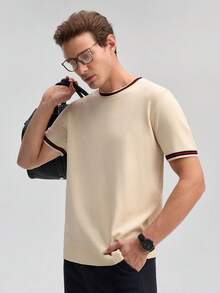 Officeau Men's Beige Knit Crew Neck T-Shirt, Striped Trim Design, Soft Fabric, Smart Casual Wear, Spring-Summer - Apricot - View 1