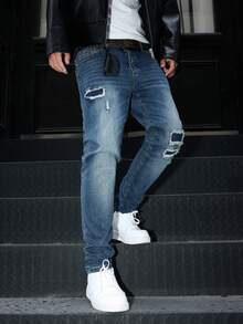 Manfinity Roughcore Quần jeans nam màu xanh nhạt bạc màu, dáng ôm, phong cách đường phố, quần jeans rách, quần jeans nam ống rộng, quần jeans nam bó sát, quần jeans nam bạc màu. - Rửa trung bình - Xem 6